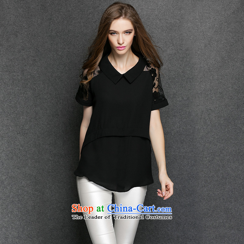 Improving access to the 2015 XL female thick mm video thin, summer new lace fluoroscopy trendy code loose shirt short-sleeved T-shirt 3375 Black XXL, MUFUNA improving access () , , , shopping on the Internet