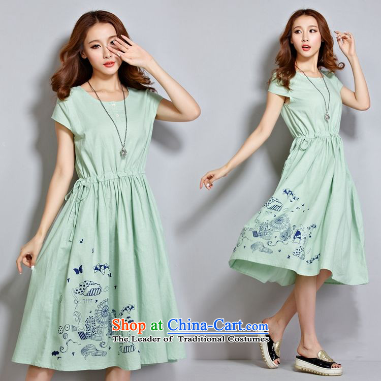 Left soft   2015 summer apparel Korea version mm heavy thick linen dress code in loose stamp long short-sleeved dresses fruit green XL Photo, prices, brand platters! The elections are supplied in the national character of distribution, so action, buy now enjoy more preferential! As soon as possible.