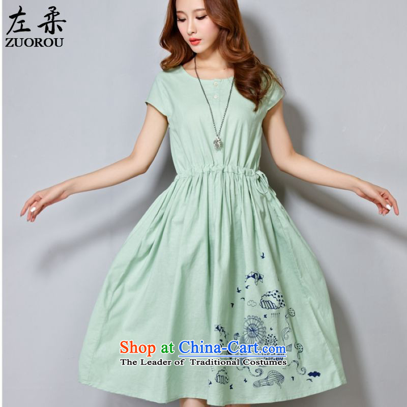 Left soft  2015 summer apparel Korea version mm heavy thick linen dress code in loose stamp long short-sleeved dresses fruit greenXL