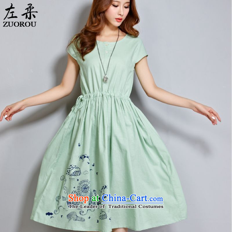 Left soft   2015 summer apparel Korea version mm heavy thick linen dress code in loose stamp long short-sleeved dresses fruit green XL, left soft , , , shopping on the Internet
