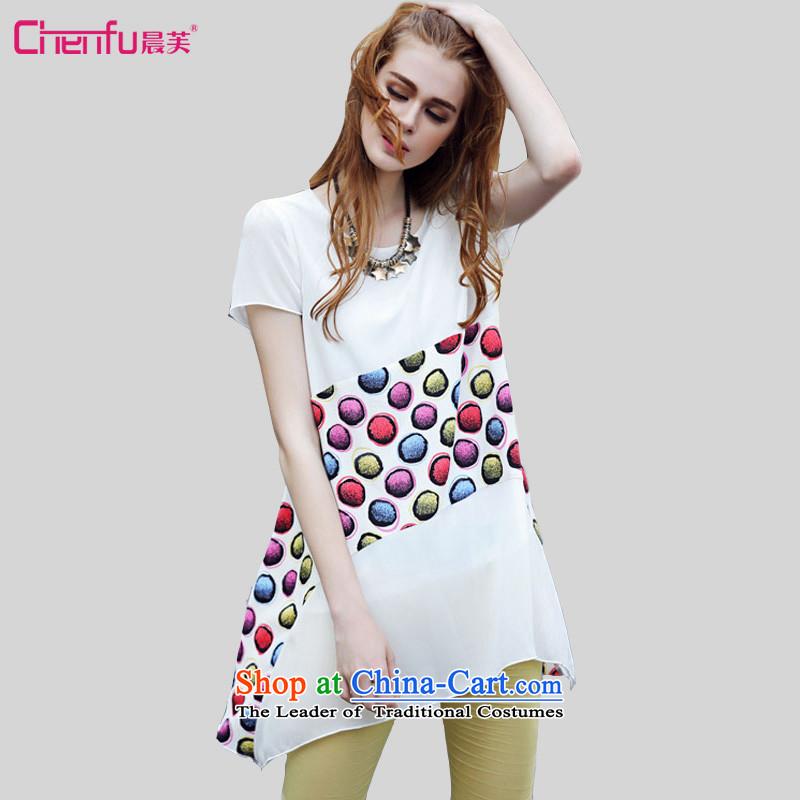 Morning to 2015 mm thick summer new European and American women to increase women's loose video decode thin colored stone neck long white shirt?2XL_ chiffon suitable for 130-140 catties_