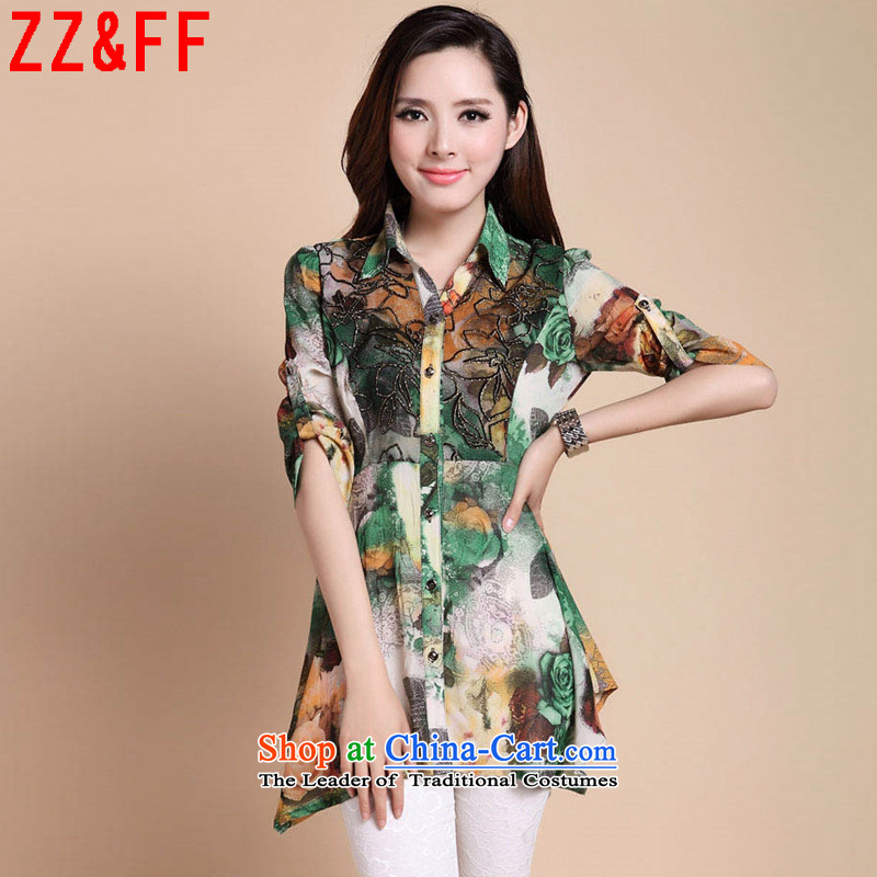 2015 Summer Zz_ff new larger women in seven long-sleeved shirt chiffon stamp female summer XF1870  XXXL green