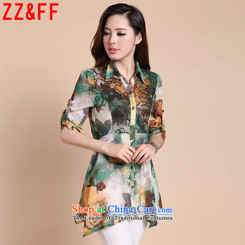 2015 Summer Zz&ff new larger women in seven long-sleeved shirt chiffon stamp XF1870 summer green XXXL,ZZ&FF,,, female shopping on the Internet