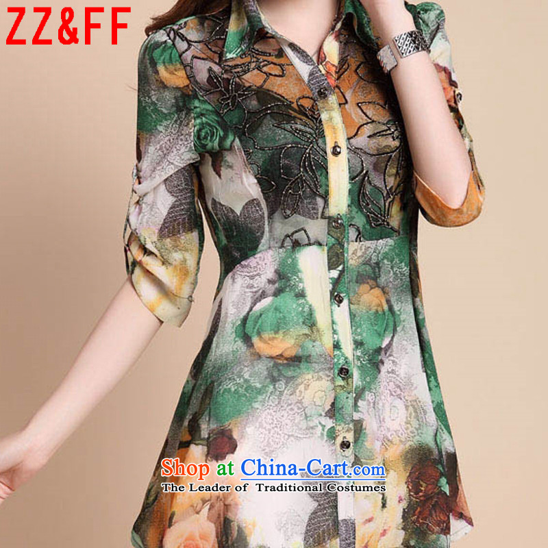 2015 Summer Zz&ff new larger women in seven long-sleeved shirt chiffon stamp XF1870 summer green XXXL,ZZ&FF,,, female shopping on the Internet