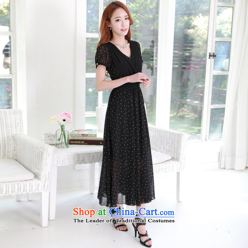 Korean women's 2015 new xl female large casual elegance long skirt thick mm summer stylish wave point Sau San video thin temperament dresses black large 3XL 145-160, Constitution Yi shopping on the Internet has been pressed.