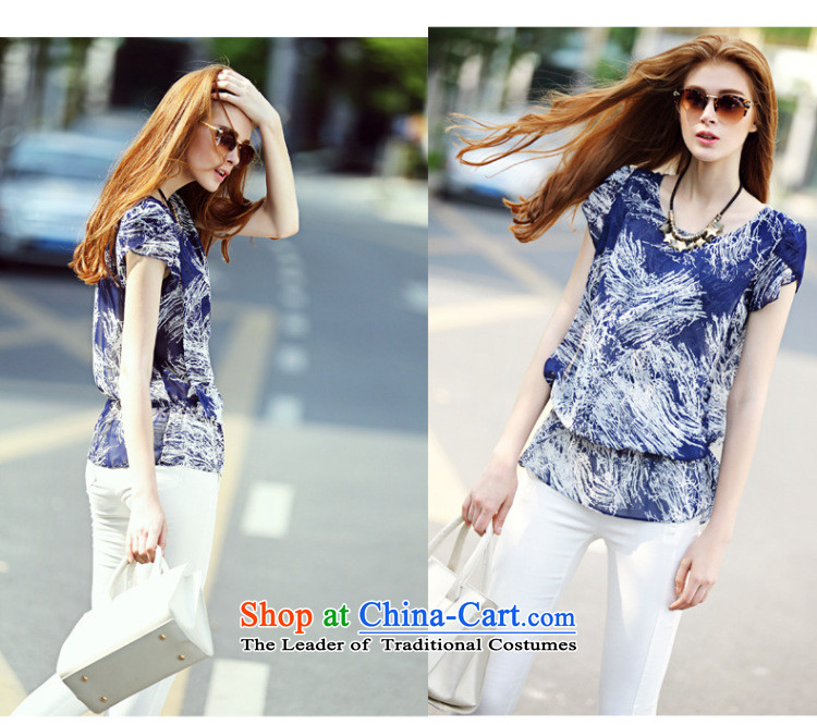 Morning to 2015 to increase the number of women in the new Europe and summer loose round-neck collar chiffon T-shirt thick mm wild temperament collision-color printing chiffon Netherlands shirt blue 2XL( suitable for 130-140) pictures, price catty, brand platters! The elections are supplied in the national character of distribution, so action, buy now enjoy more preferential! As soon as possible.
