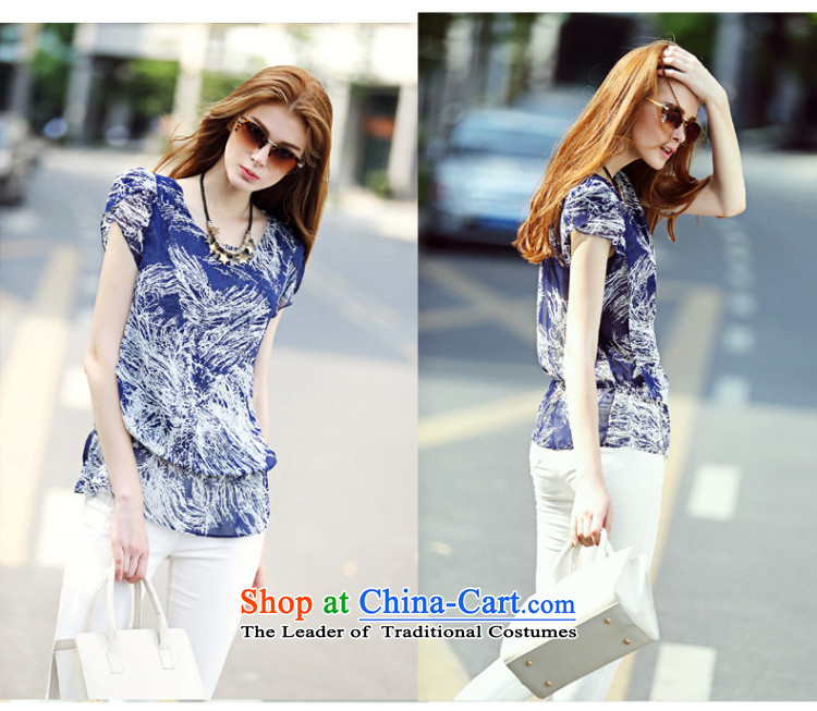 Morning to 2015 to increase the number of women in the new Europe and summer loose round-neck collar chiffon T-shirt thick mm wild temperament collision-color printing chiffon Netherlands shirt blue 2XL( suitable for 130-140) pictures, price catty, brand platters! The elections are supplied in the national character of distribution, so action, buy now enjoy more preferential! As soon as possible.