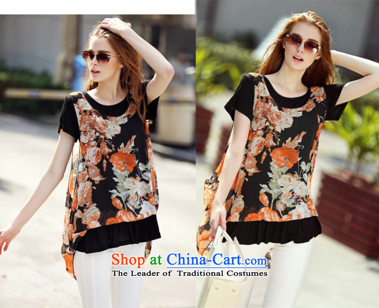 Morning to 2015 mm thick summer new Western liberal leave two large clothes to xl female wild video thin collision-color printing chiffon shirt T-shirt black orange flower 3XL( suitable for 140-150catties) Picture, prices, brand platters! The elections are supplied in the national character of distribution, so action, buy now enjoy more preferential! As soon as possible.