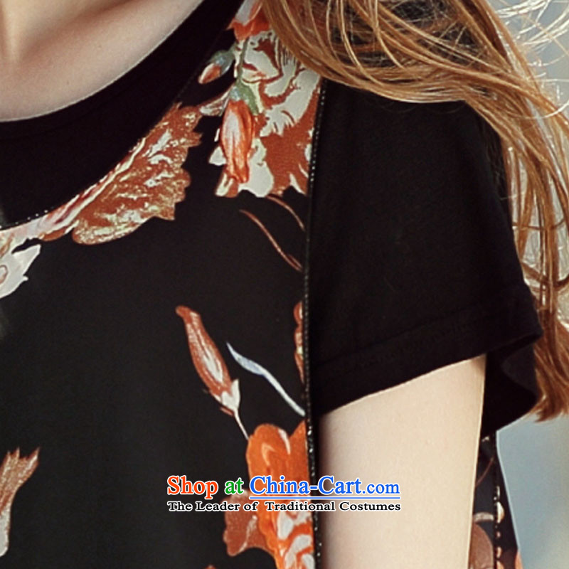 Morning to 2015 mm thick summer new Western liberal leave two large clothes to xl female wild video thin collision-color printing chiffon shirt T-shirt black orange flower 3XL( suitable for 140-150catty, morning to , , , shopping on the Internet