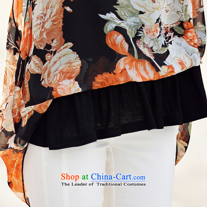 Morning to 2015 mm thick summer new Western liberal leave two large clothes to xl female wild video thin collision-color printing chiffon shirt T-shirt black orange flower 3XL( suitable for 140-150catty, morning to , , , shopping on the Internet