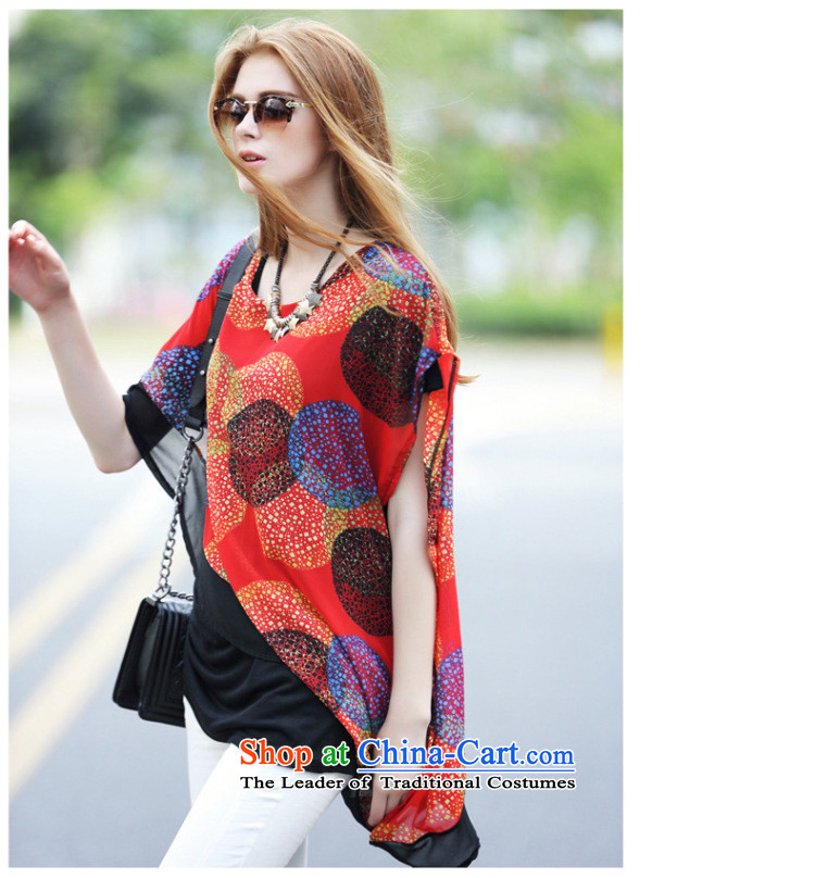 2015 summer morning to the new Europe and to increase the number of women with loose shoulder bat sleeves shirt thick mm wild video thin collision-color printing T-shirt 3XL( red suitable for 140-150catties) Picture, prices, brand platters! The elections are supplied in the national character of distribution, so action, buy now enjoy more preferential! As soon as possible.