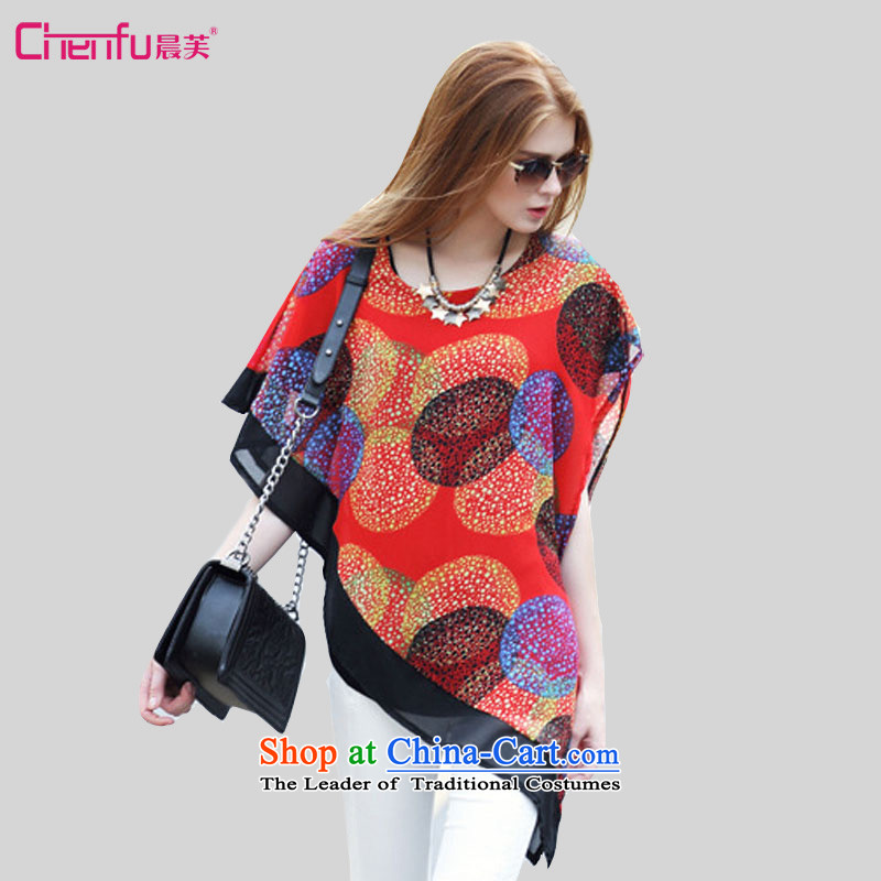 2015 summer morning to the new Europe and to increase the number of women with loose shoulder bat sleeves shirt thick mm wild video thin collision-color printing T-shirt?3XL_ red suitable for 140-150catties_