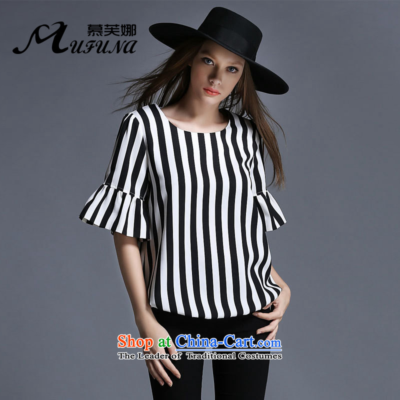 Improving access of 2015 Women's code of the npc thick summer new Wild loose video thin, Horn, short-sleeved T-shirt stripes jacket 1973 Black XL