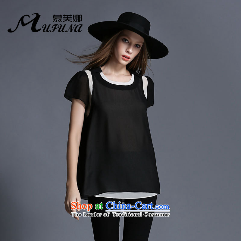 Improving access of thick large sister Women's Summer 2015 new people of the video thin thick snow woven shirts wild round-neck collar short-sleeved T-shirt color plane collision loose coat?1925?Black?XXXXL
