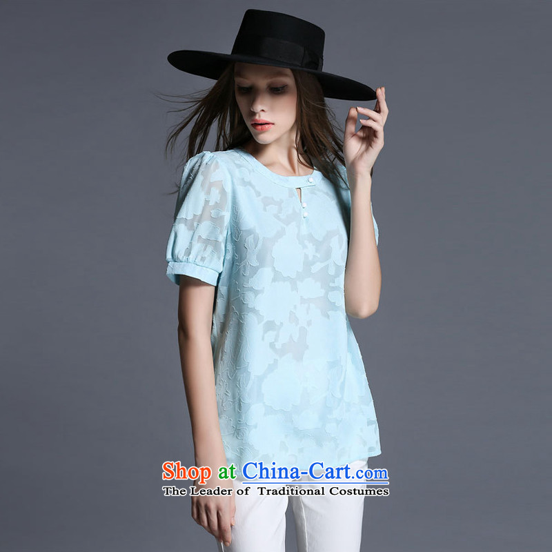 Improving access of thick large sister women 2015 Summer new water-soluble, the floral decorations of the thin solid color graphics Sau San wild T-shirt 1929 light blue XL, improving access (MUFUNA) , , , shopping on the Internet