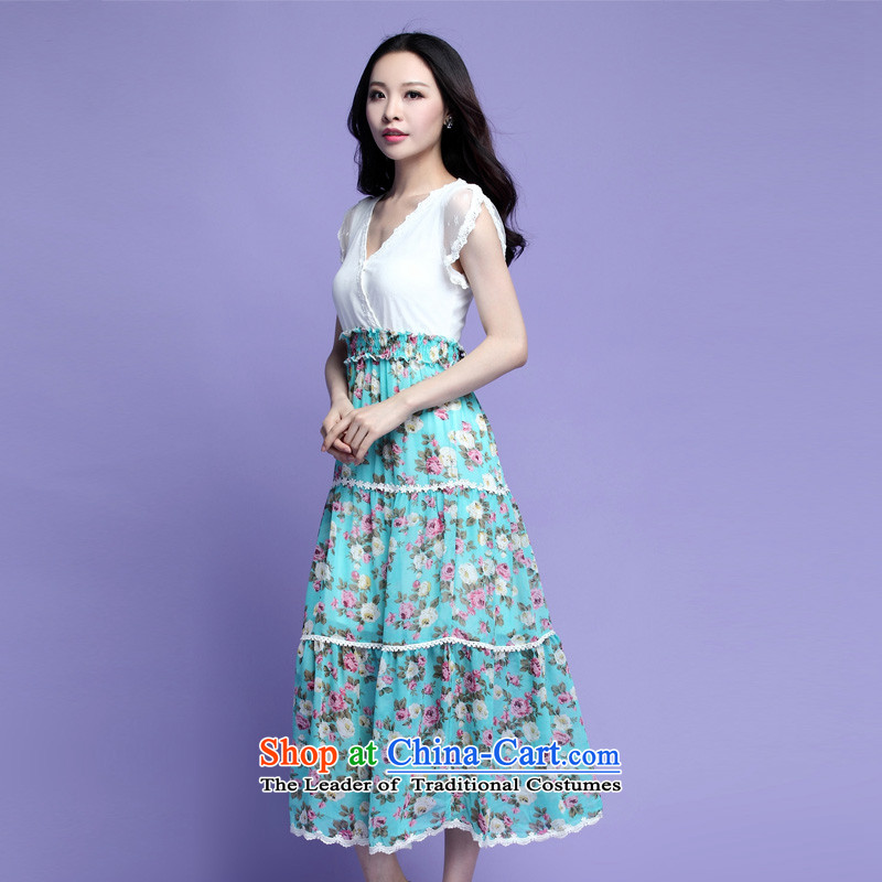 Coveted summer xl female thick sister two fake chiffon lace floral long skirt suits 3725 Green XXXL, coveted (tanai) , , , shopping on the Internet