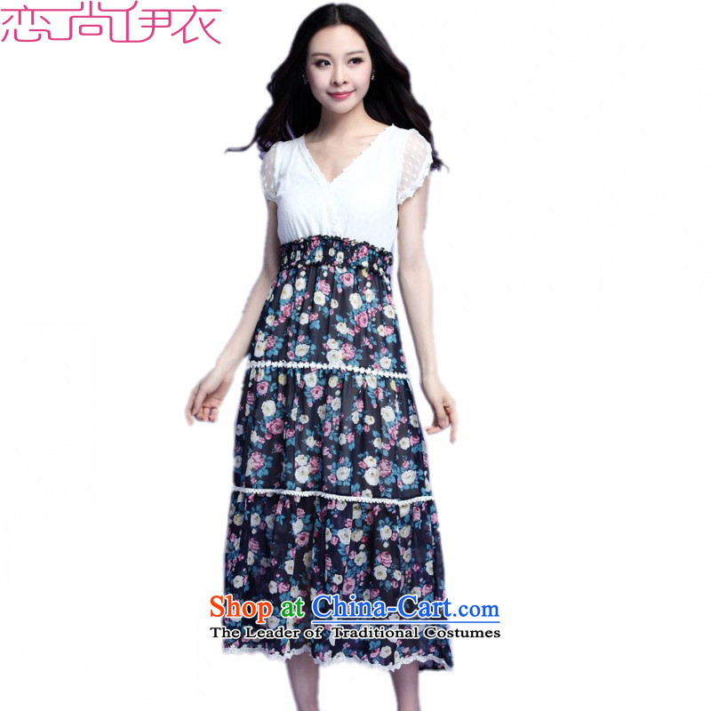 C.o.d. Package Mail XL 2015 New Xia Xue woven dresses lady V-Neck short-sleeved vest skirt saika spell color long skirt beach resort skirt black skirtaround 140-155 XXL catty
