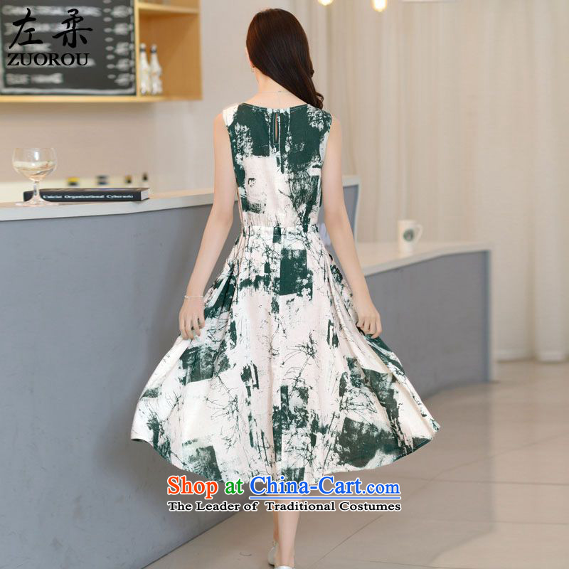    2015 Summer Sophie left Korea Version Stamp dyeing ink painting small new definition arts fan cotton linen Sau San female dresses green , L, left soft , , , shopping on the Internet