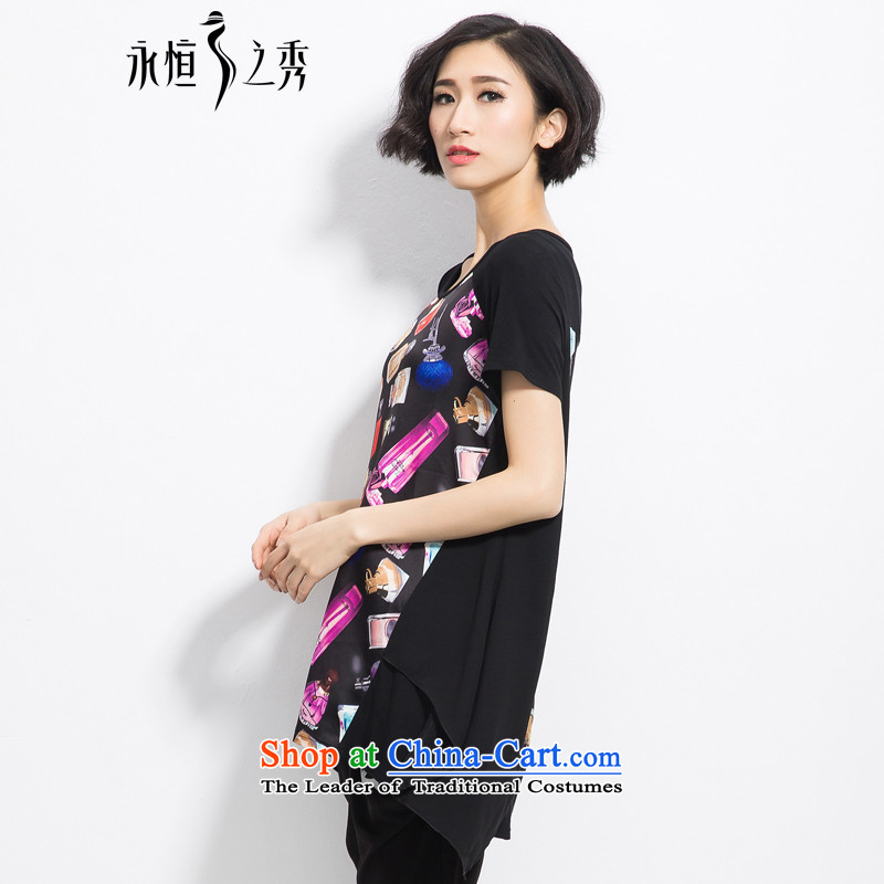 The Eternal Yuexiu Code women 2015 Summer new product expertise, Hin thin tee thick mm to xl women's stylish and classy satin black T-shirt loose stamp, L, eternal Soo , , , shopping on the Internet