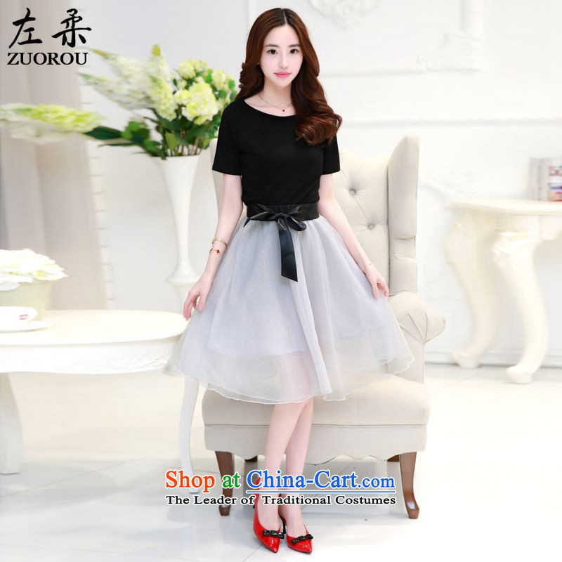   2015 Summer Sophie left Korean female sexy a field for T-shirt + system bow tie the yarn sweet bon bon skirt two-piece set with black and gray S, left soft , , , shopping on the Internet