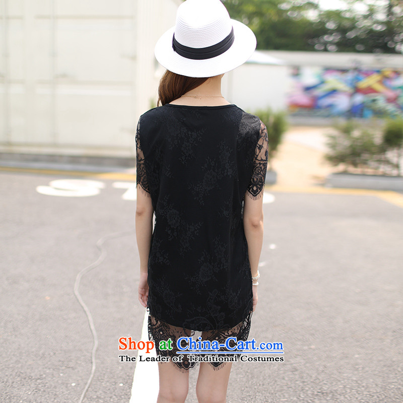 Maximum number of ladies Summer 2015 Korean New thick mm very casual video thin lace stitching dress T Black XXXXL, Moses Nika shopping on the Internet has been pressed.