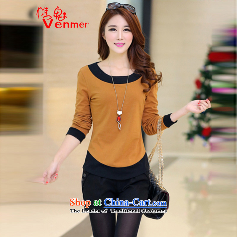 The Director, Choo Won version of large venmer2015 Code women's sleek and versatile T-shirt with round collar Ms. Sau San stitching long-sleeved T-shirt, forming the Women 6911 light brown?XXL. shirt
