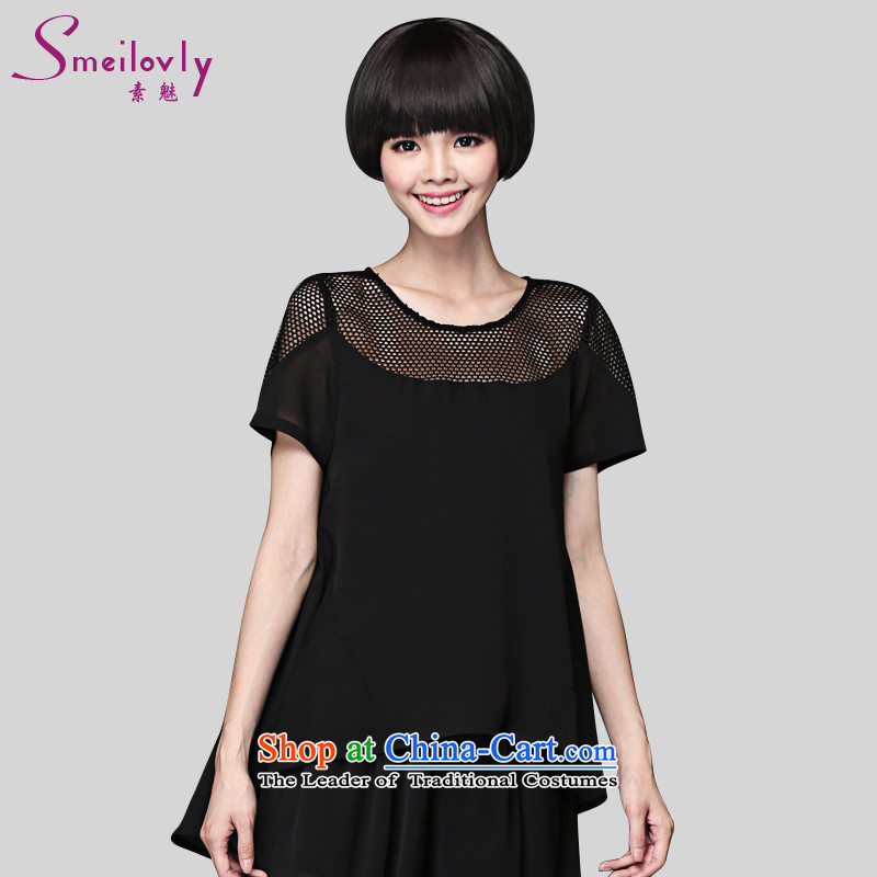 The Director of the 2015 Summer new 200 catties to increase women's code thick sister loose engraving grid T-shirts,  1370 Black thin graphics larger XXL around 922.747 140