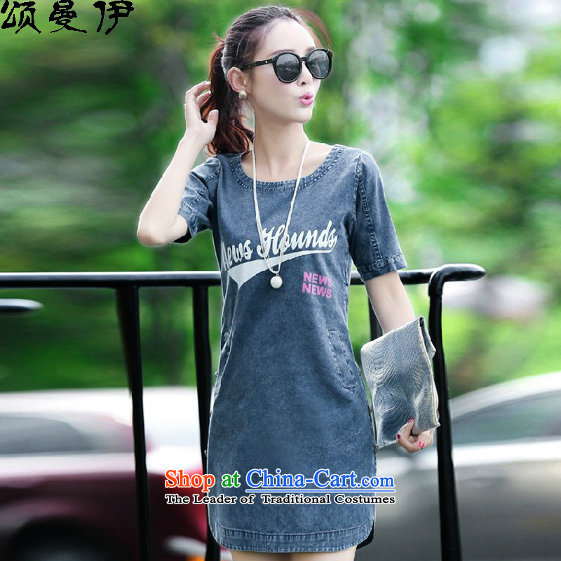 Chung Cayman,?summer 2015 new Korean version of large numbers of women who are graphics loose thin stamp short-sleeved denim dress A skirt summer?848?pictures color?4XL