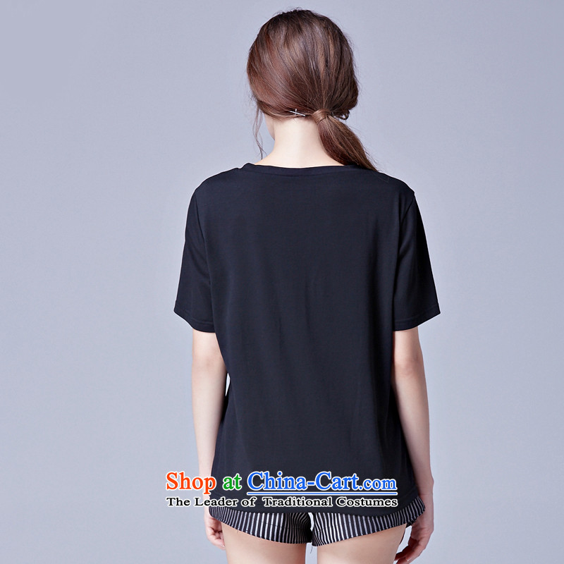 Rui Mei to 2015 to increase the number of women in the new Europe and summer embroidered pearl pattern short-sleeved T-shirt thick mm loose video thin female black , L, T-shirt N3680 US stock (RIUMILVE) , , , shopping on the Internet