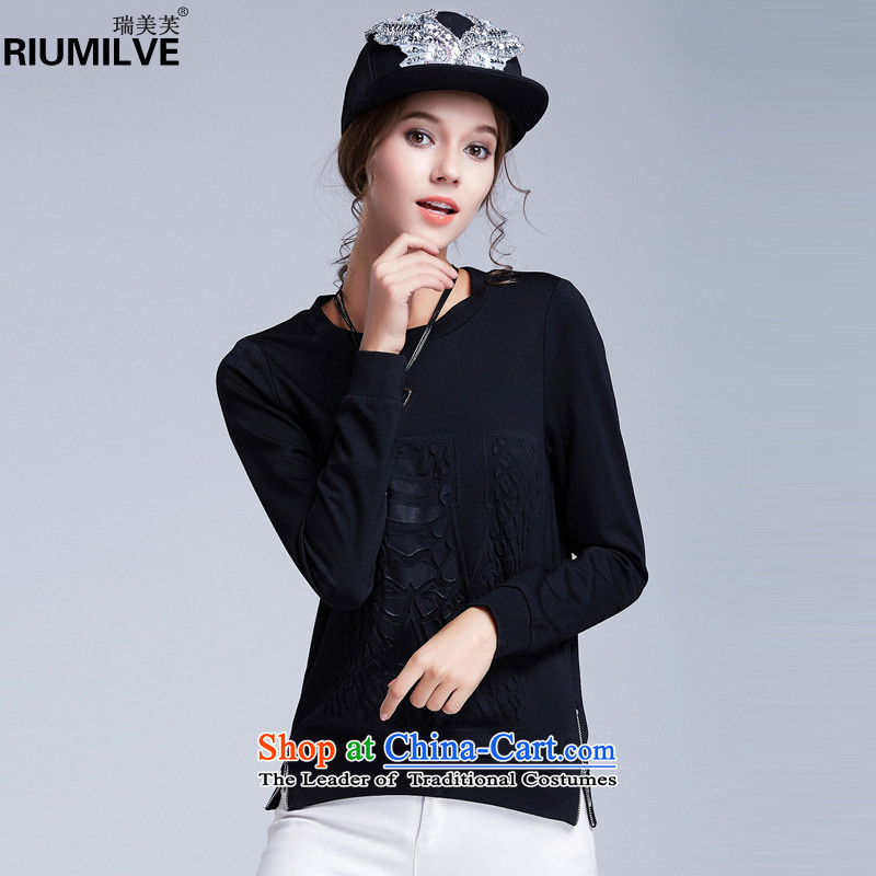 Rui Mei to 2015 to increase the number of ladies Fall_Winter Collections new thick mm Sau San video thin long-sleeved T-shirt with embosser knitwear N1610 black XXXL T-Shirt