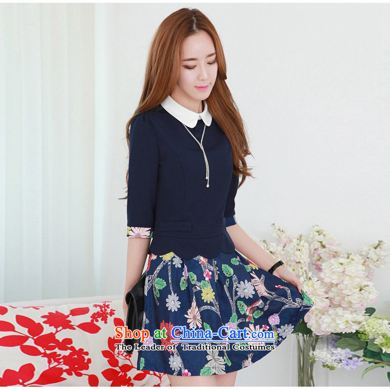 C.o.d. 2015 Summer new Korean fake two lapel knocked-color printing stitching elegant graphics thin blue skirt , L Ian Tune , , , shopping on the Internet