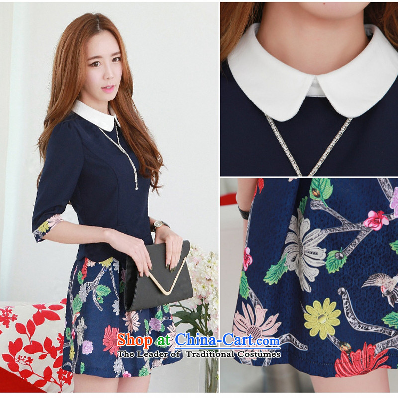C.o.d. 2015 Summer new Korean fake two lapel knocked-color printing stitching elegant graphics thin blue skirt , L Ian Tune , , , shopping on the Internet