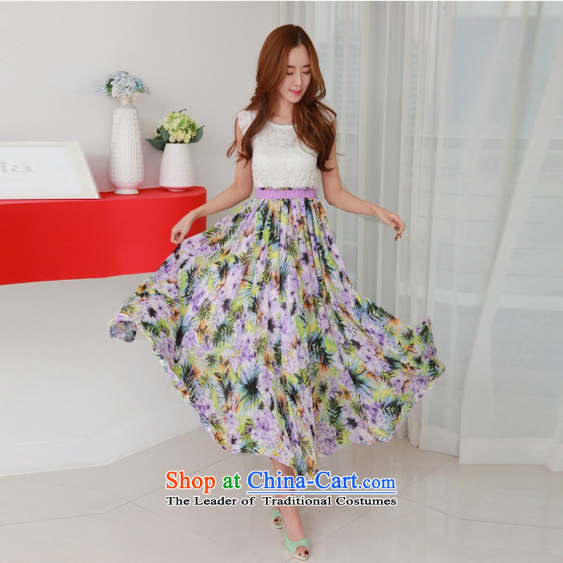 C.o.d. 2015 Summer new Korean irrepressible lace stitching 6 m value large chiffon gliding stamp long skirt temperament dresses purple XXL