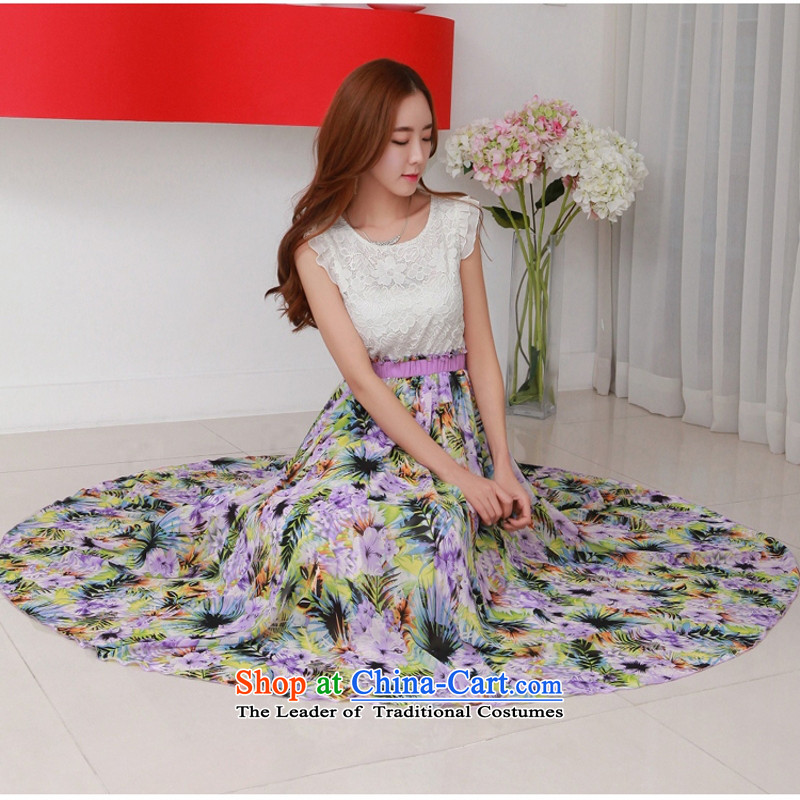 C.o.d. 2015 Summer new Korean irrepressible lace stitching 6 m value large chiffon gliding stamp long skirt temperament dresses purple XXL, JIRAN Tune , , , shopping on the Internet