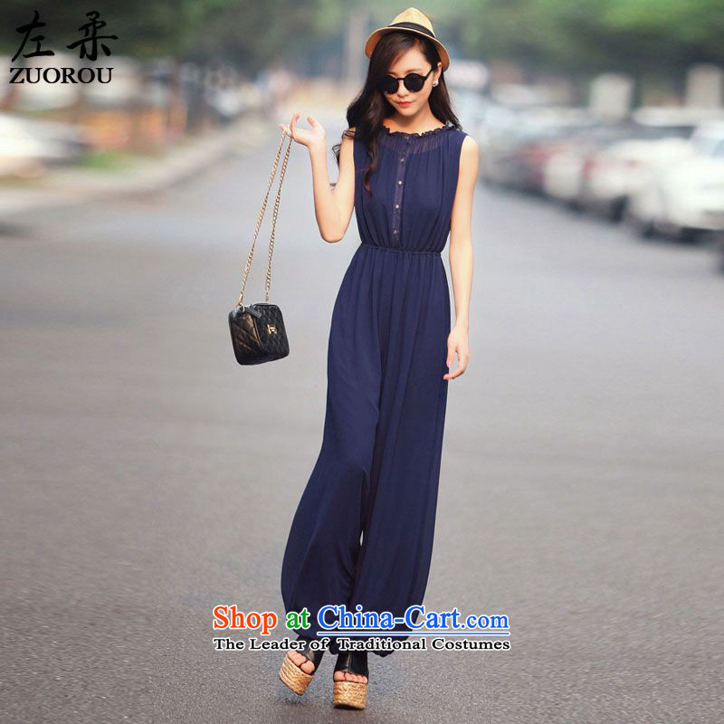   2015 Summer Sophie left Korean women both before and after passing through the chiffon sleeveless body slimming trousers trousers navy blueM