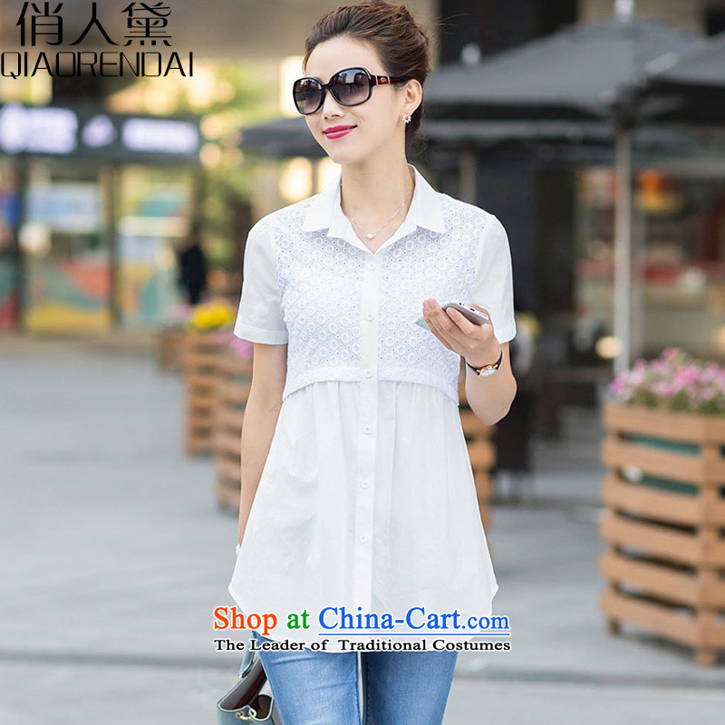 For the people of thenew 2015 Doi summer short-sleeved in long foutune shirt patterns stitching Korean version of large white shirt MM thick codeXL