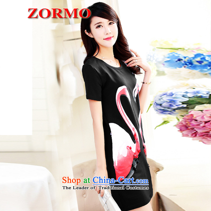  Large ZORMO female thick mm to xl dresses swan stamp round-neck collar short-sleeved black skirt L,zormo,,, leisure shopping on the Internet