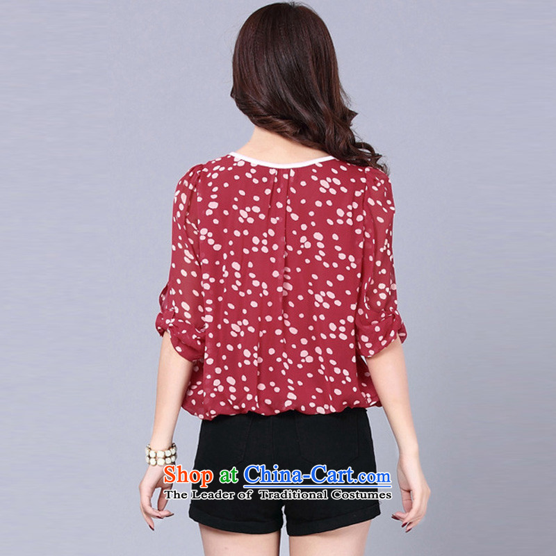 2015 summer morning to the new Korean to increase women's loose video decode saika thin 7 cuff wave point blouses color plane wave point stamp T-shirt chiffon red whitepoint XL( shirt for 120-130) morning to , , , catty shopping on the Internet