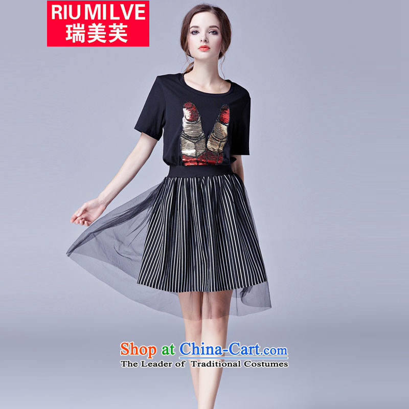 Rui Mei to2015 to increase the number of women with new Summer Package thick mm thin western style graphics   short-sleeved T-shirt body skirts two piece blackXXXXXL Kit