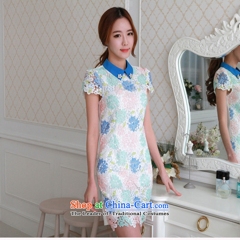 C.o.d. 2015 Summer new stylish casual stylish Korean citizenry classic flash drill 3D Vision lace Sau San video thin elegant blue skirt L