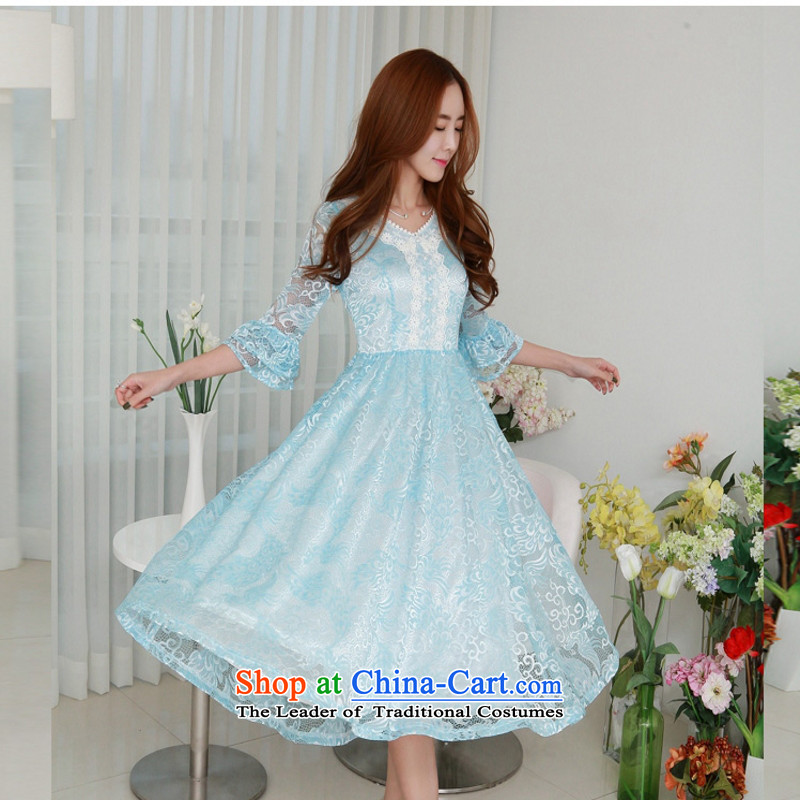 C.o.d. 2015 Summer new stylish classic Korean leisure temperament retro 7 cuff-color Phoenix lace dresses in large long skirt blue XL, Ian Tune , , , shopping on the Internet