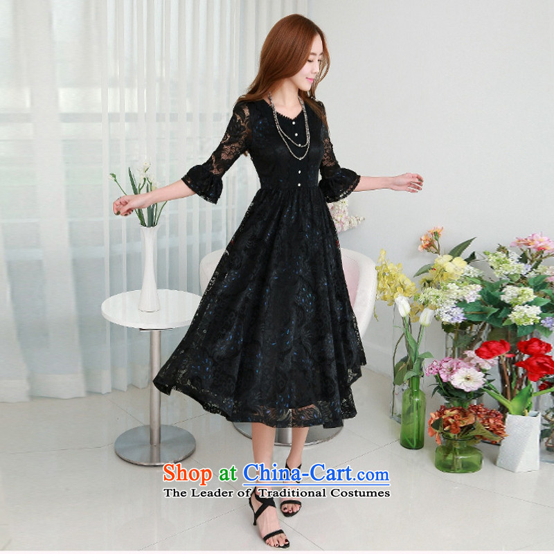 C.o.d. 2015 Summer new stylish classic Korean leisure temperament retro 7 cuff-color Phoenix lace dresses in large long skirt blue XL, Ian Tune , , , shopping on the Internet