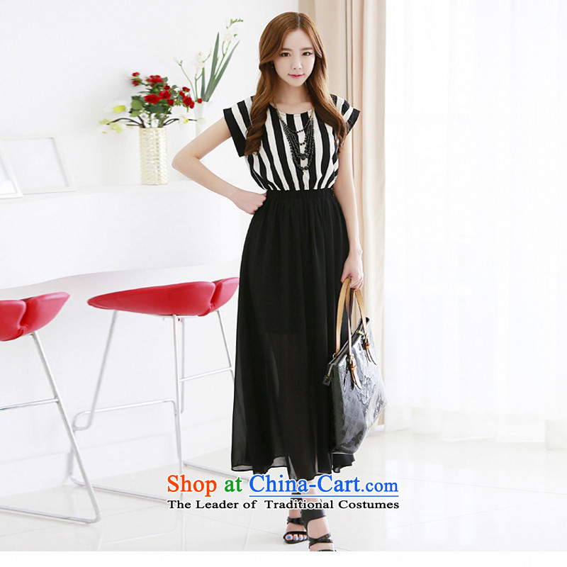 C.o.d. 2015 Summer new stylish casual temperament classic code source Korean female loading bat sleeves streaks stitching chiffon long skirt?XXXXL black