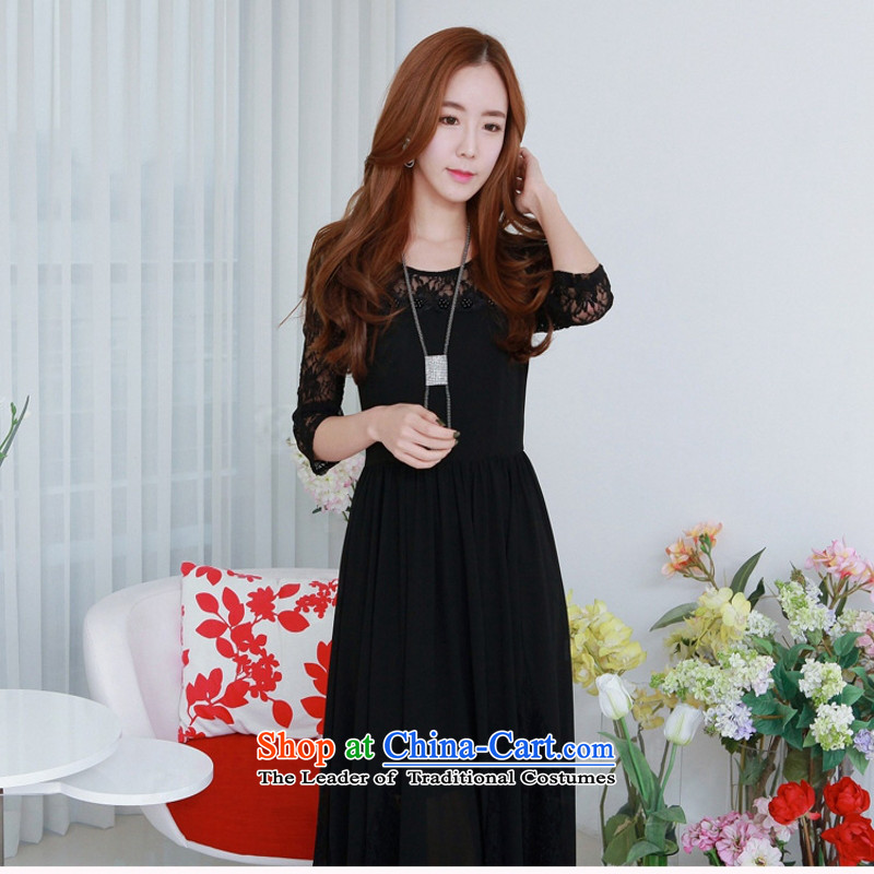 C.o.d. 2015 Summer new stylish classic Korean leisure temperament lace stitching chiffon dresses large long skirt black?XXXL Sau San