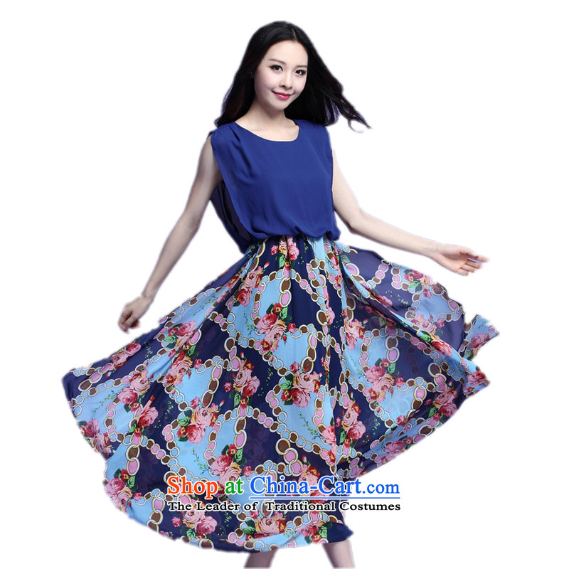 C.o.d. 2015 Summer new stylish casual relaxd large temperament thick sister Bohemia stamp chiffon skirt long skirt leave two cents?XXXL blue