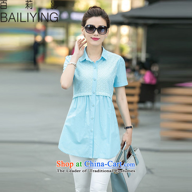 Li Ying summer hundreds of new stylish large short-sleeved blouses and Korean loose thick solid-colored shirt     Sister?3XL blue