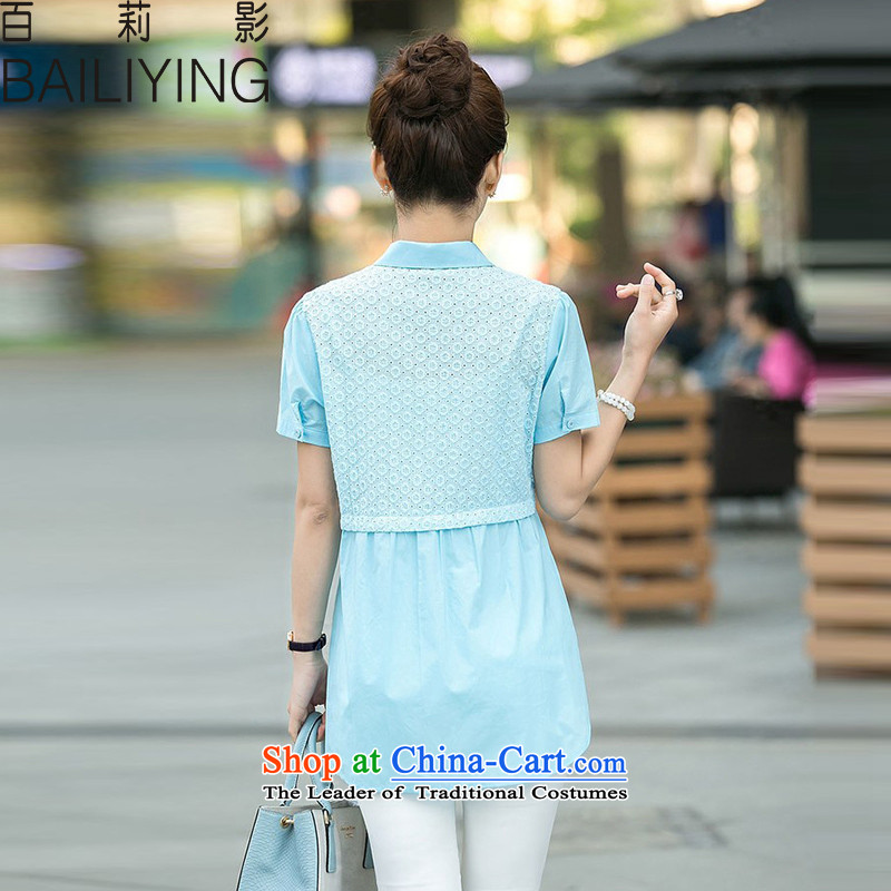 Li Ying summer hundreds of new stylish large short-sleeved blouses and Korean loose thick solid-colored shirt     Sister blue 3XL, hundreds (BAILIYING LI) , , , shopping on the Internet