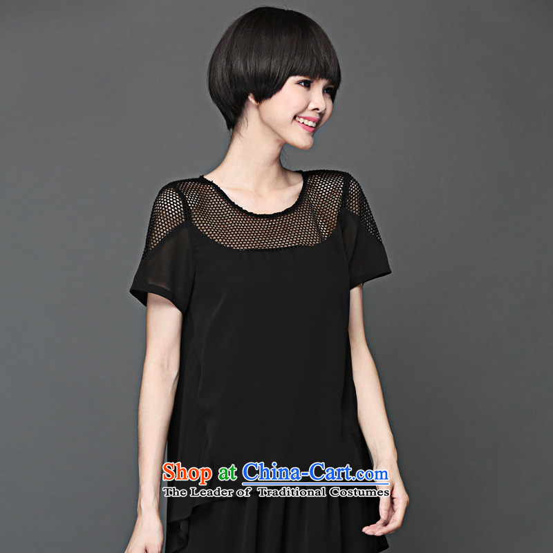 Improving access of 2015 Summer Korean New fat mm to increase women's code stylish engraving graphics thin chiffon short-sleeved T-shirt with round collar loose T-shirt 1370 Black XXXXL, MUFUNA improving access () , , , shopping on the Internet