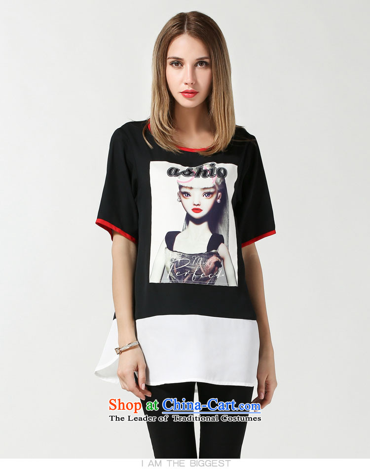 Elizabeth 2015 ultra high discipline Code women's summer new to increase short-sleeved shirt cotton linen chiffon thick MM round-neck collar stamp pattern shirt SN3620- Ms. Loose black 5XL picture, prices, brand platters! The elections are supplied in the national character of distribution, so action, buy now enjoy more preferential! As soon as possible.