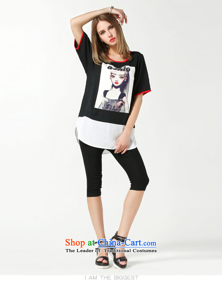 Elizabeth 2015 ultra high discipline Code women's summer new to increase short-sleeved shirt cotton linen chiffon thick MM round-neck collar stamp pattern shirt SN3620- Ms. Loose black 5XL picture, prices, brand platters! The elections are supplied in the national character of distribution, so action, buy now enjoy more preferential! As soon as possible.